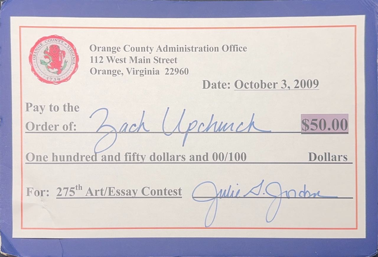 Orange County, Virginia prize check, 275th Art/Essay Contest, 2009