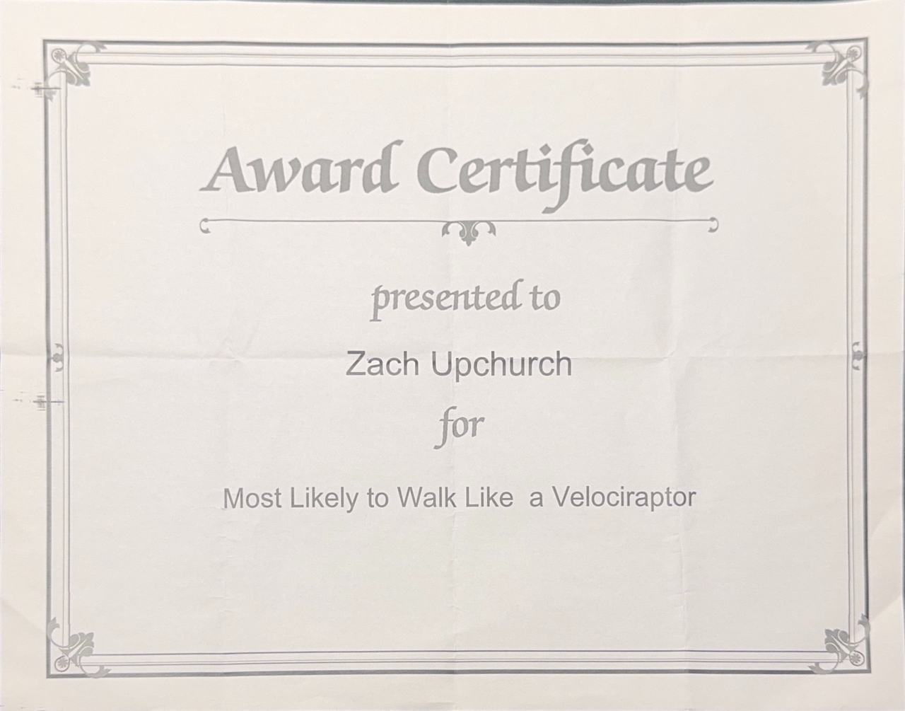 Award certificate: Most Likely to Walk Like a Velociraptor